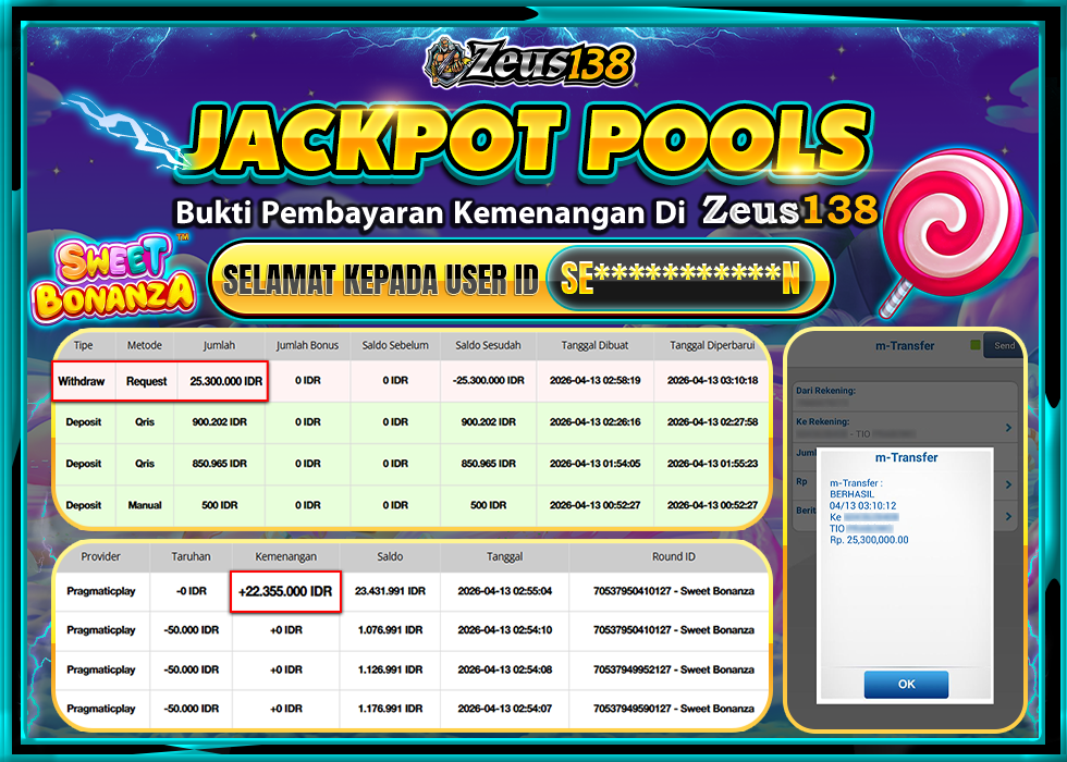 ZEUS138 SWEET BONANZA Rp.25,300,000 LUNAS